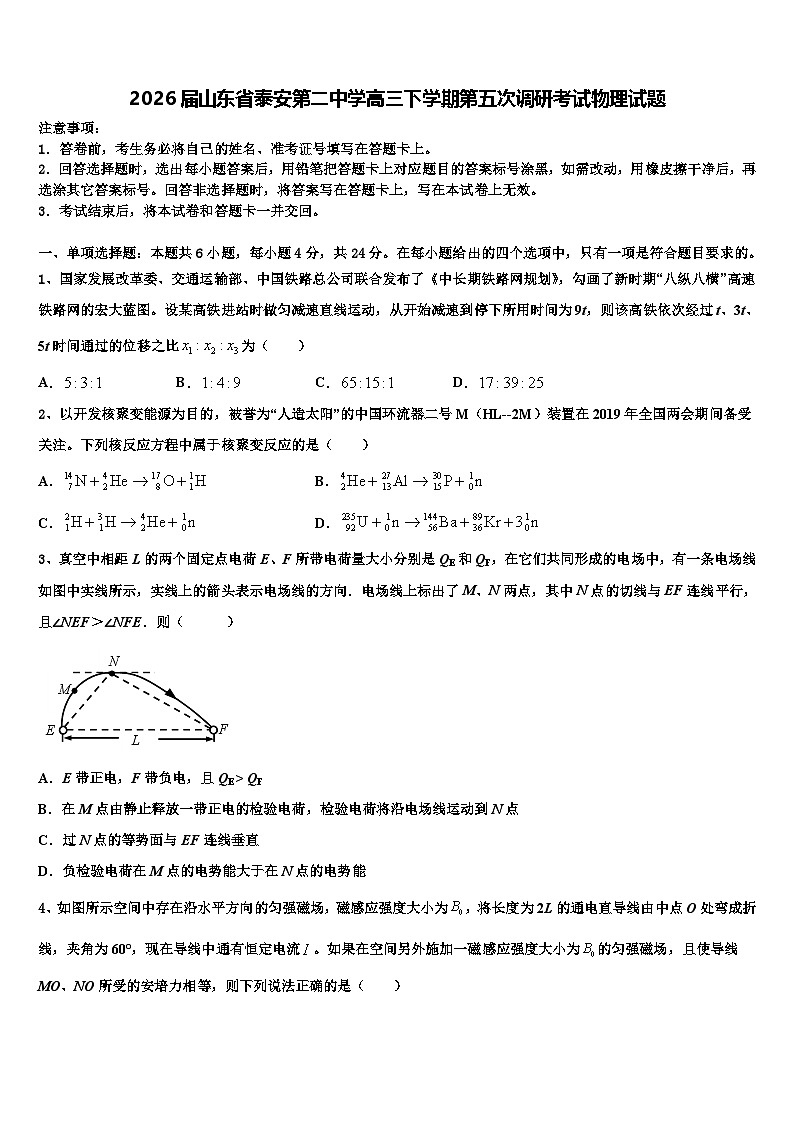 2026届山东省泰安第二中学高三下学期第五次调研考试物理试题含解析第1页