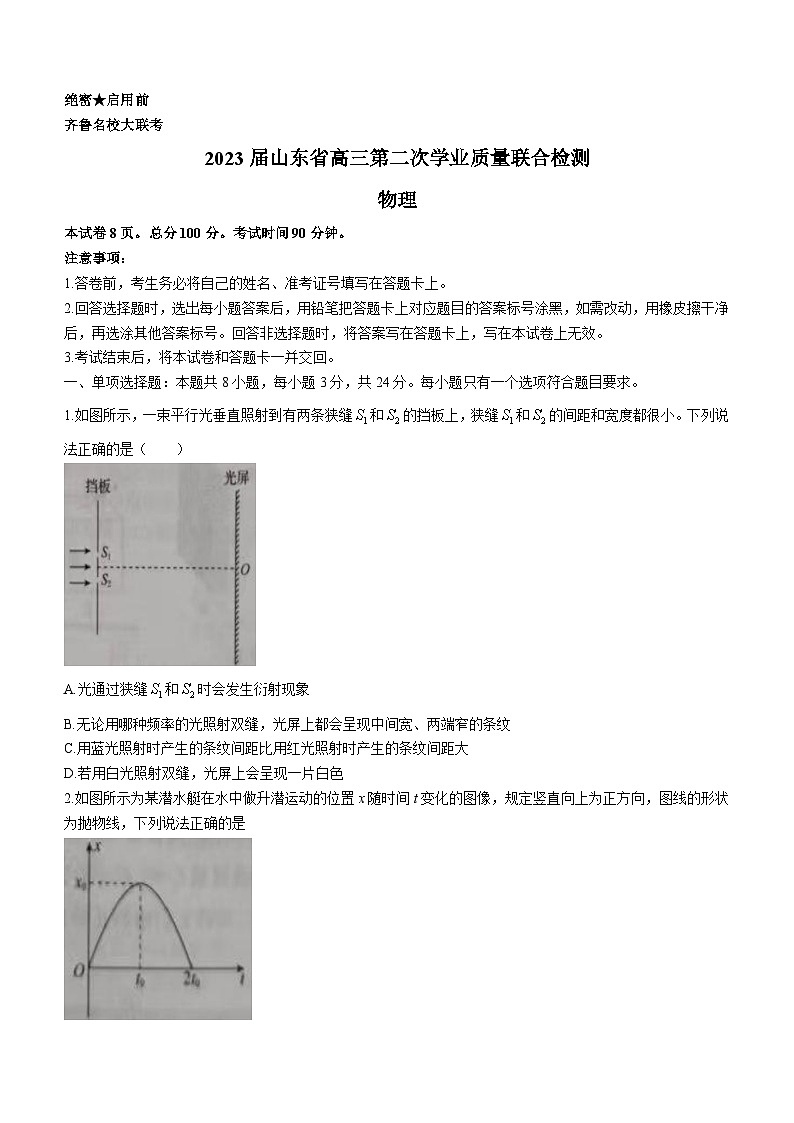 山东省齐鲁名校大联考2022-2023学年高三下学期第二次学业质量检测物理试题 附答案第1页