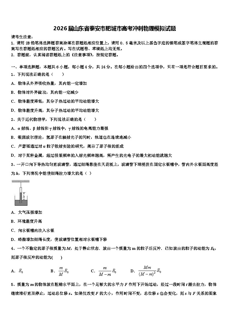 2026届山东省泰安市肥城市高考冲刺物理模拟试题含解析第1页