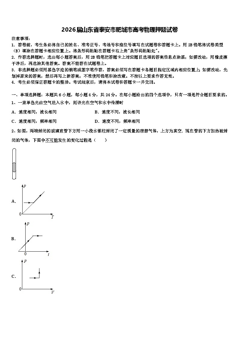 2026届山东省泰安市肥城市高考物理押题试卷含解析第1页