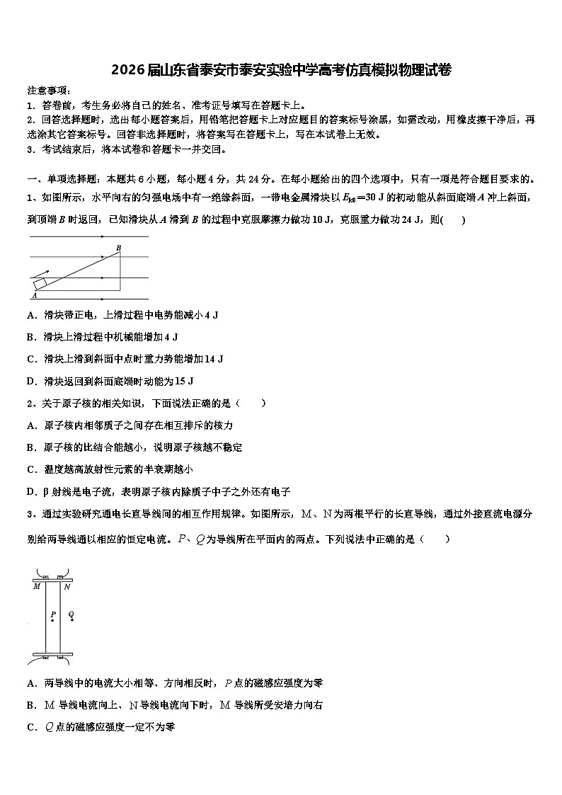 2026届山东省泰安市泰安实验中学高考仿真模拟物理试卷含解析第1页