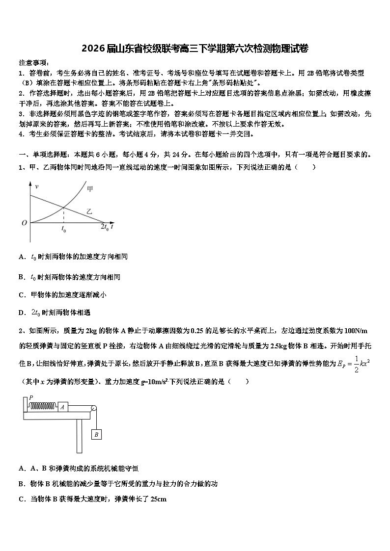 2026届山东省校级联考高三下学期第六次检测物理试卷含解析第1页