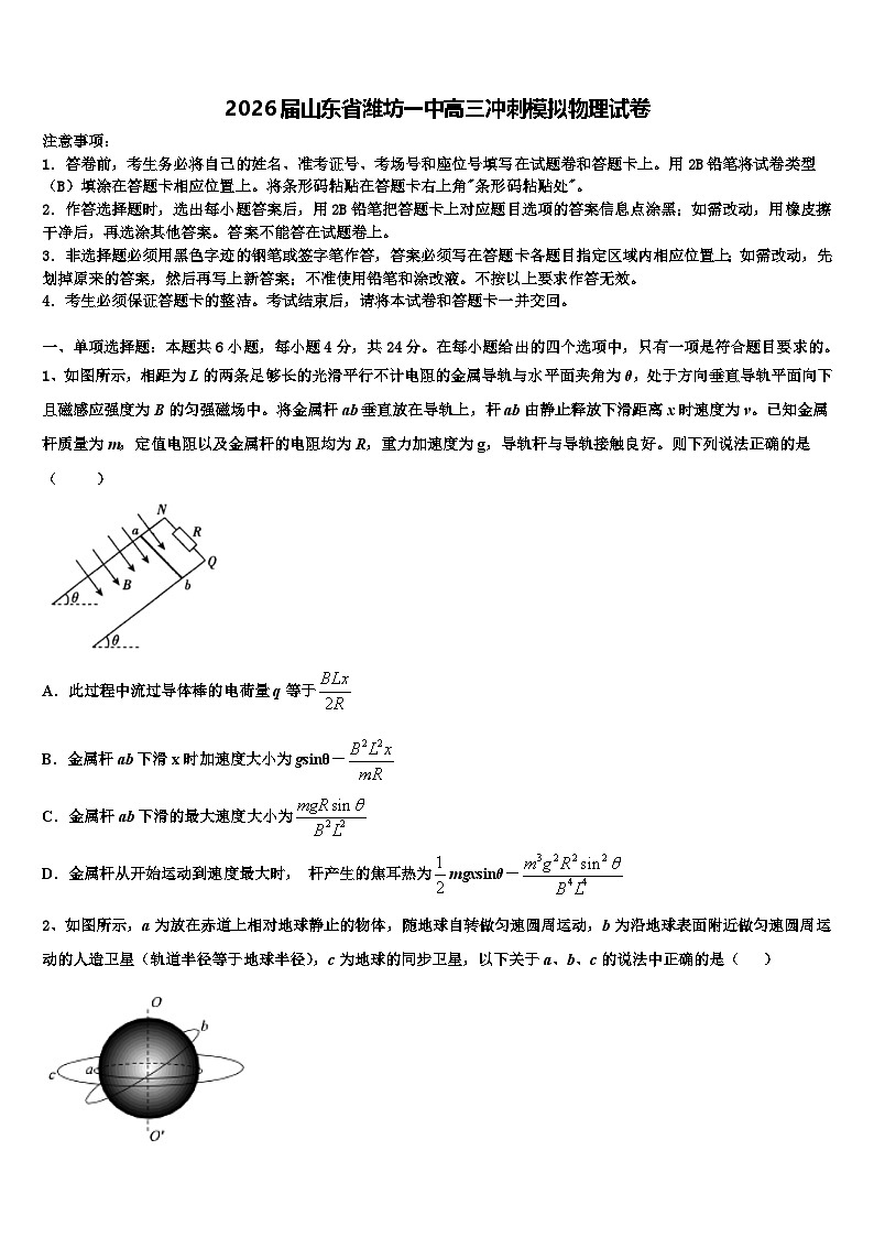 2026届山东省潍坊一中高三冲刺模拟物理试卷含解析第1页