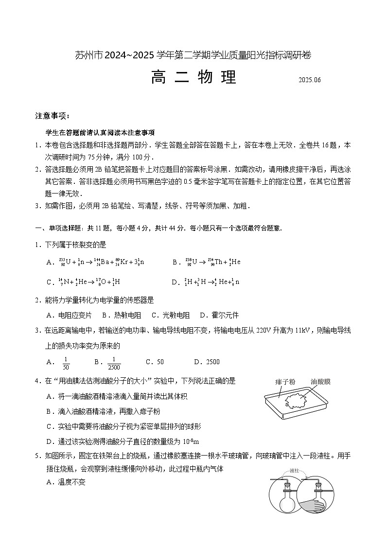 江苏省苏州市2024-2025学年高二下学期学业质量阳光指标调研物理试卷（含答案）第1页