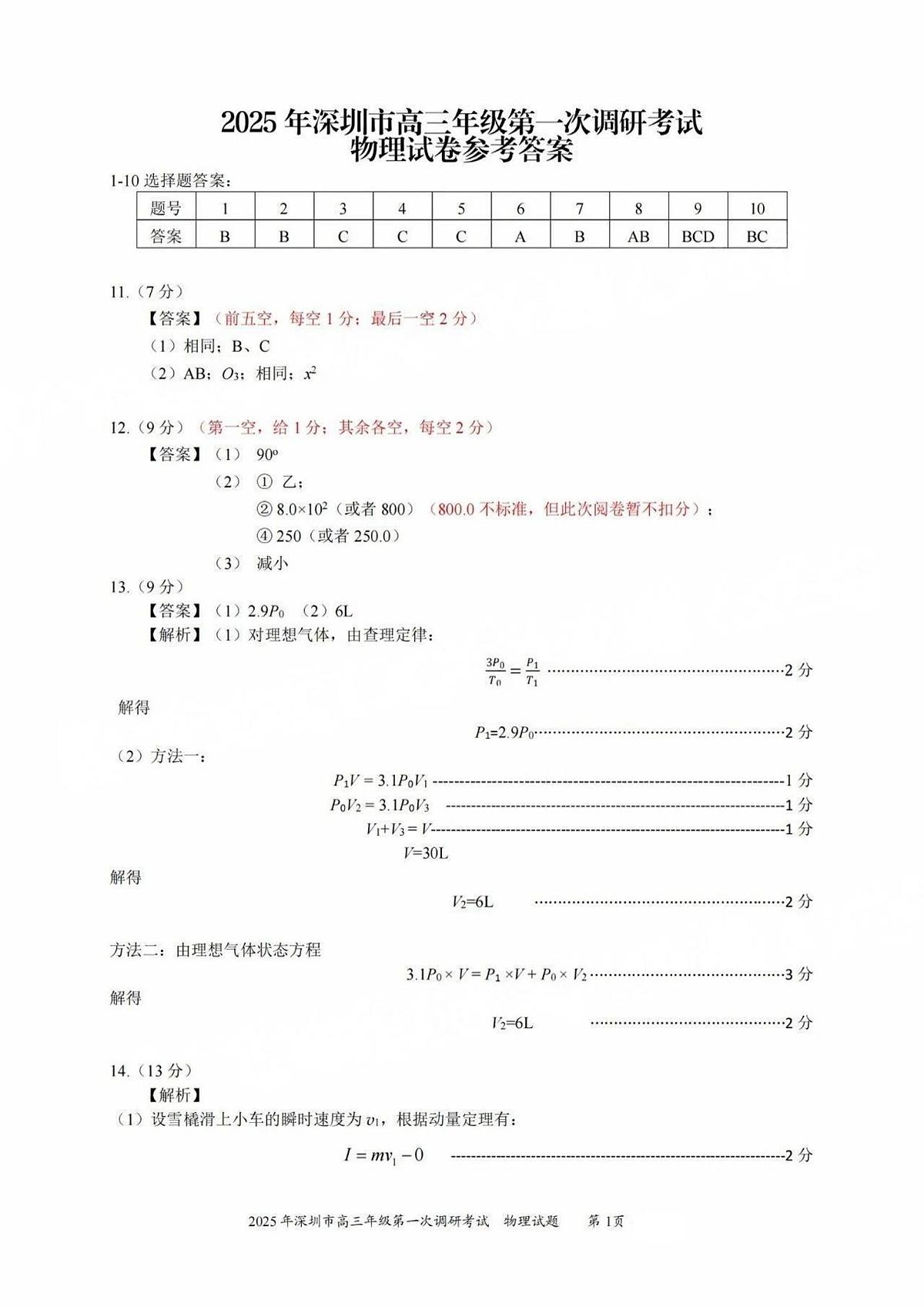 2025届深圳一模物理答案第1页