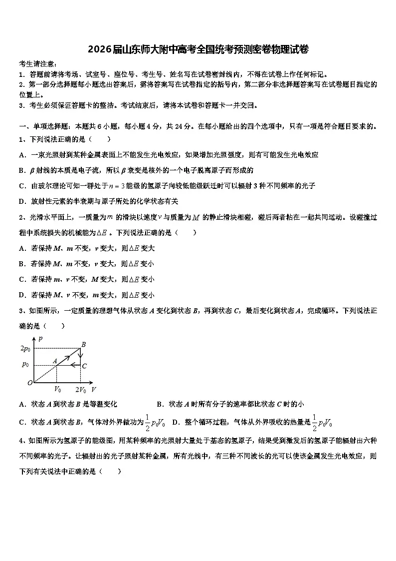 2026届山东师大附中高考全国统考预测密卷物理试卷含解析第1页