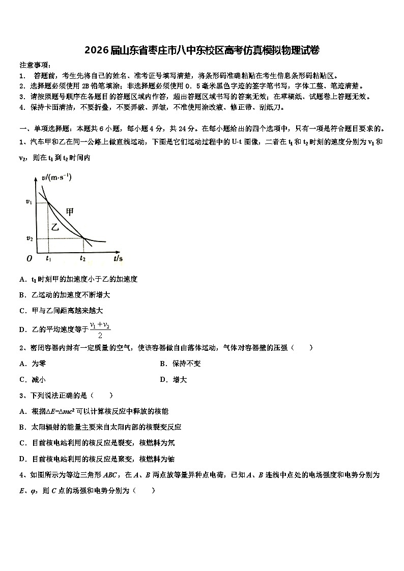 2026届山东省枣庄市八中东校区高考仿真模拟物理试卷含解析第1页