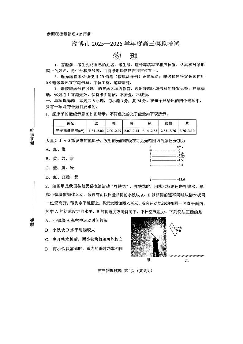 山东省淄博市2025-2026学年高三下学期高考模拟物理试卷第1页