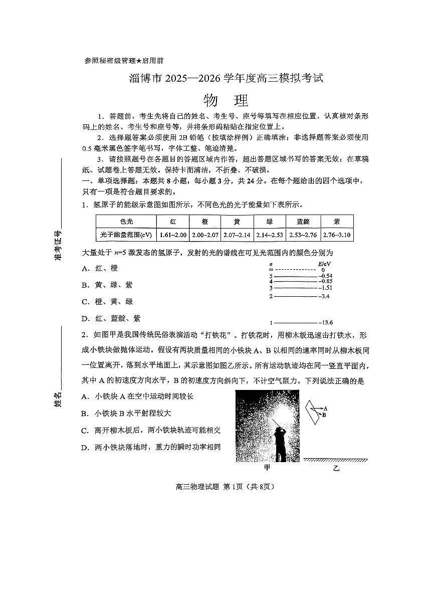 淄博市2025—2026学年高三模拟考试物理试题第1页