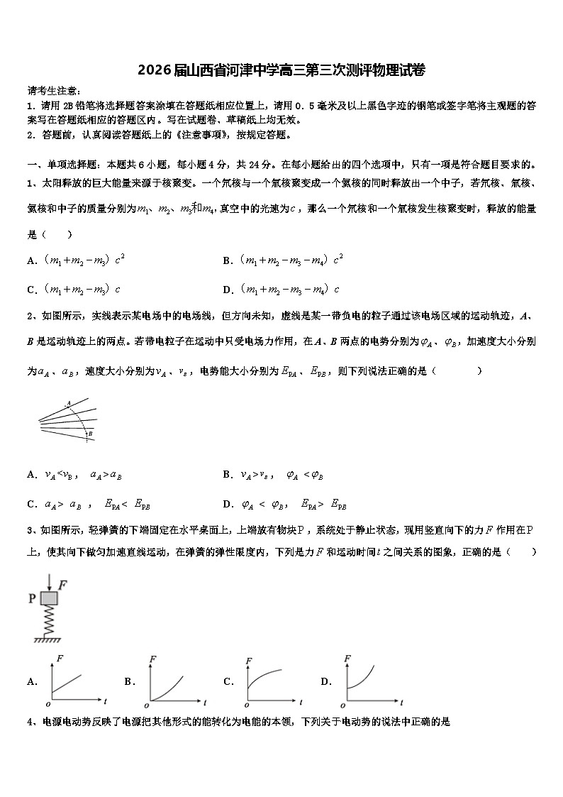 2026届山西省河津中学高三第三次测评物理试卷含解析第1页