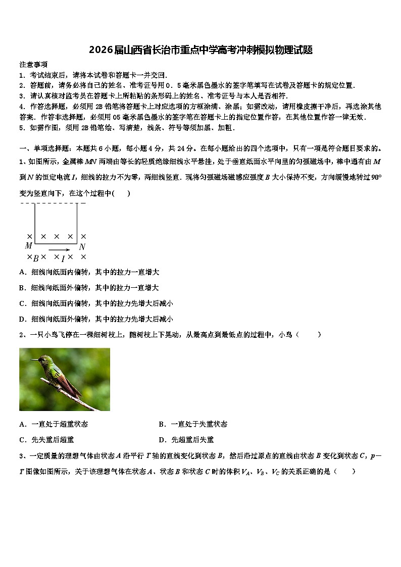 2026届山西省长治市重点中学高考冲刺模拟物理试题含解析第1页