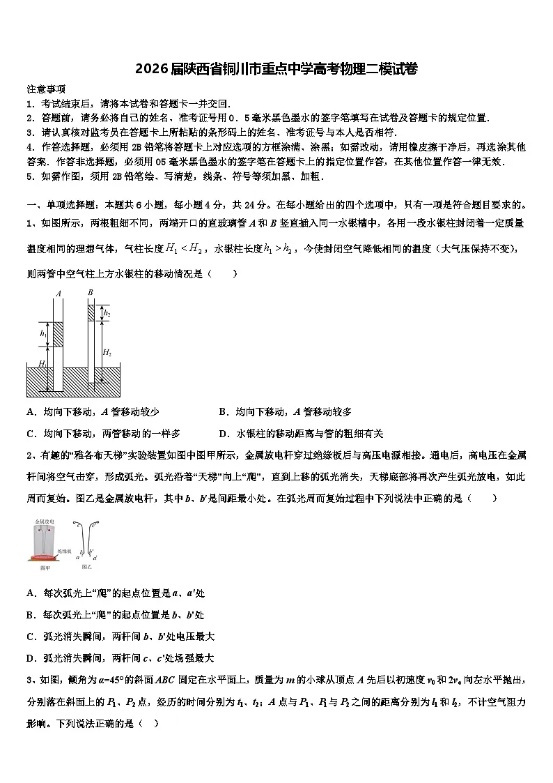 2026届陕西省铜川市重点中学高考物理二模试卷含解析第1页