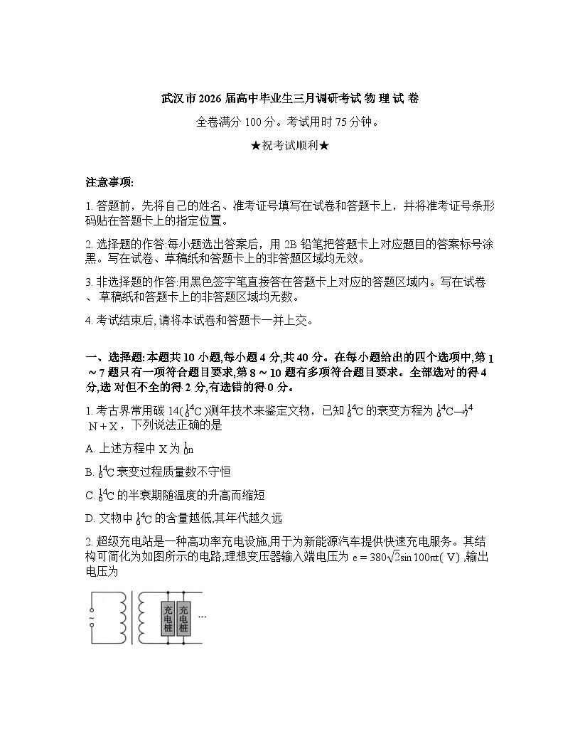 湖北省武汉市2025-2026学年下学期年高三3月月考物理试卷含答案第1页