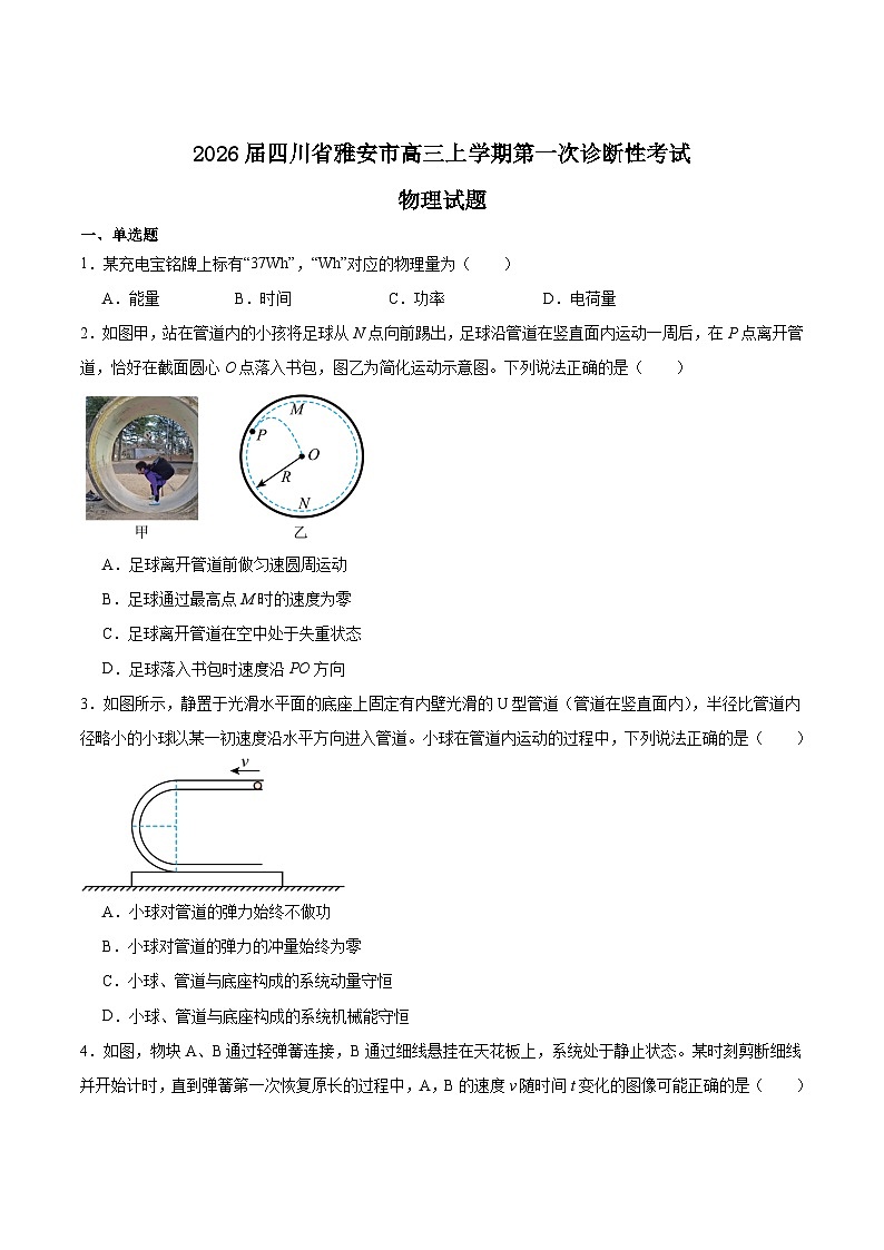 四川省雅安市2026届高三上学期第一次诊断性考试物理试题（Word版附答案）第1页