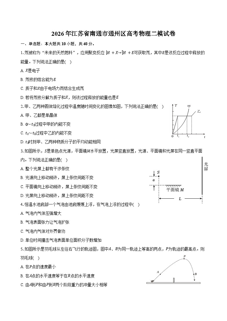 2026届江苏南通市通州区高三下学期高考模拟预测物理试题第1页