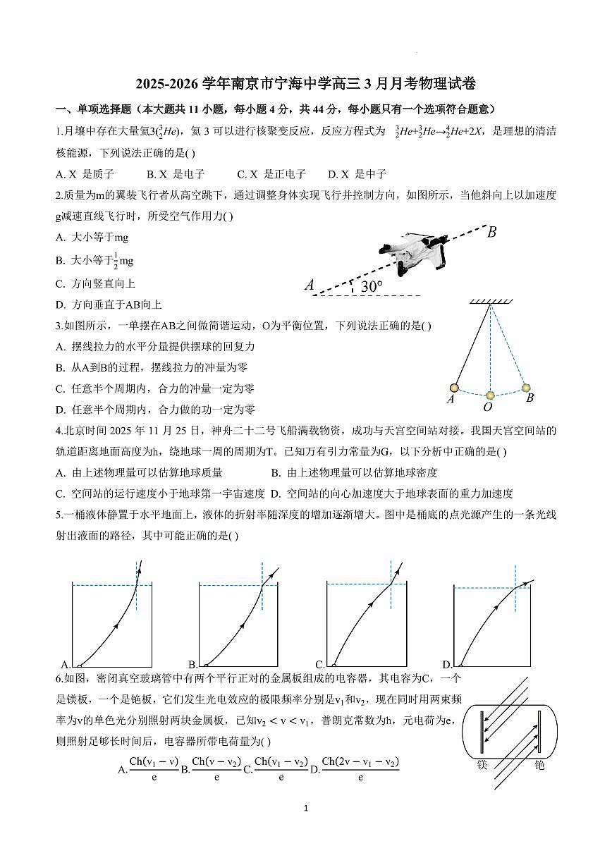 2025-2026学年江苏省南京市宁海中学高三3月物理月考试卷（含答案）第1页