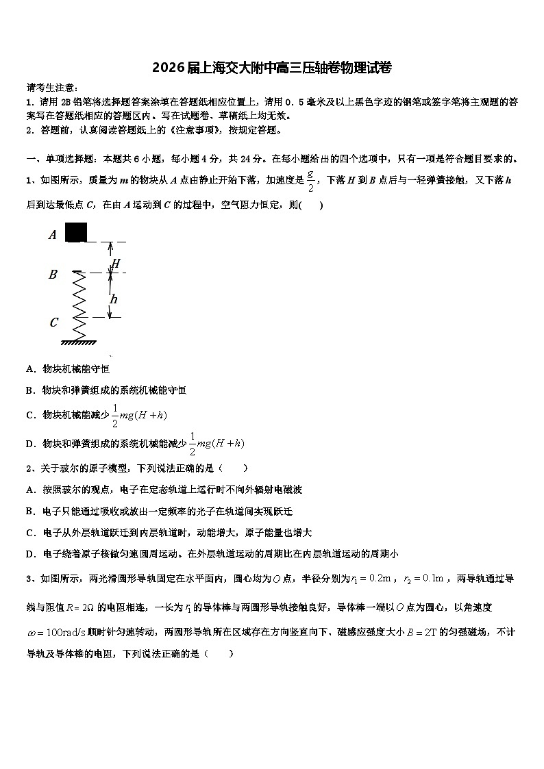 2026届上海交大附中高三压轴卷物理试卷含解析第1页
