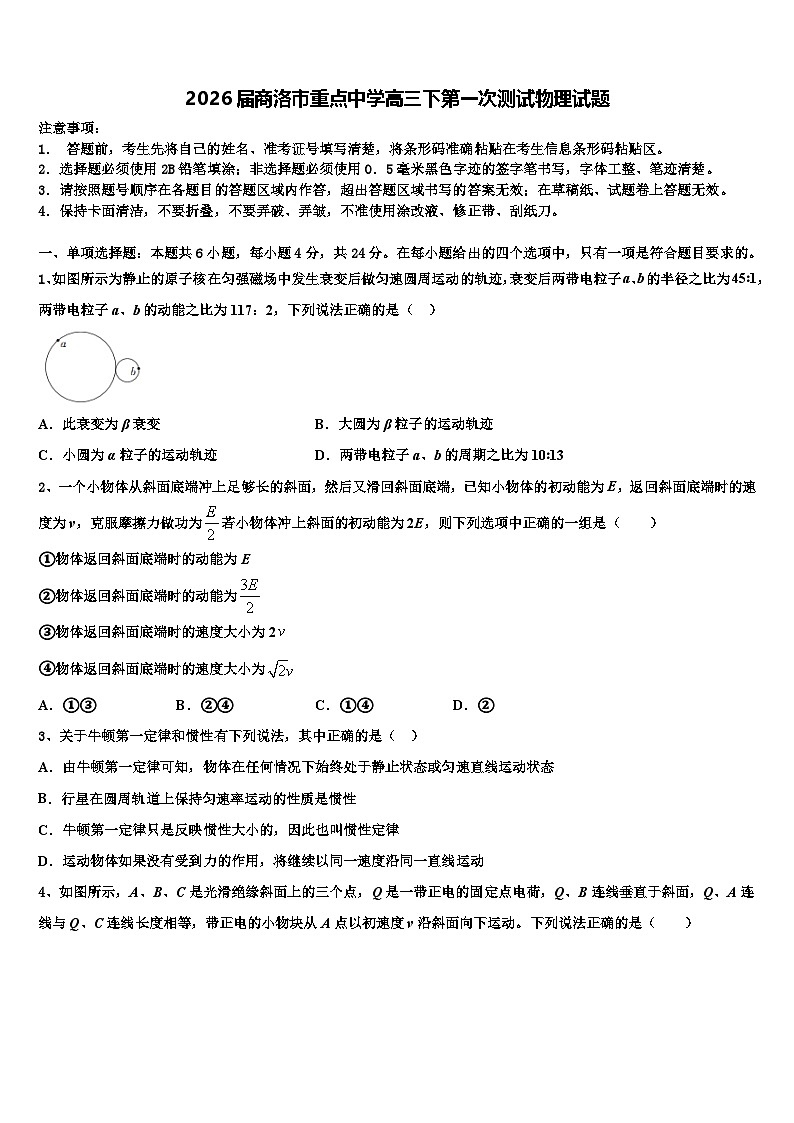 2026届商洛市重点中学高三下第一次测试物理试题含解析第1页