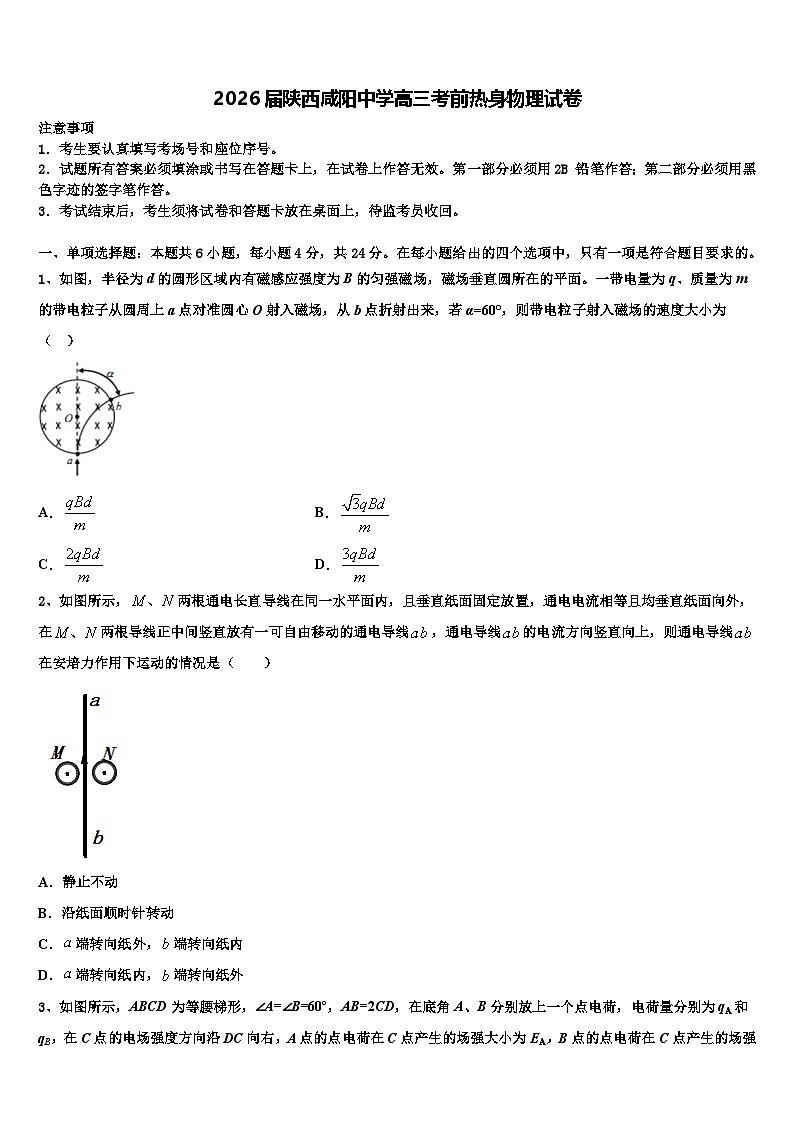 2026届陕西咸阳中学高三考前热身物理试卷含解析第1页