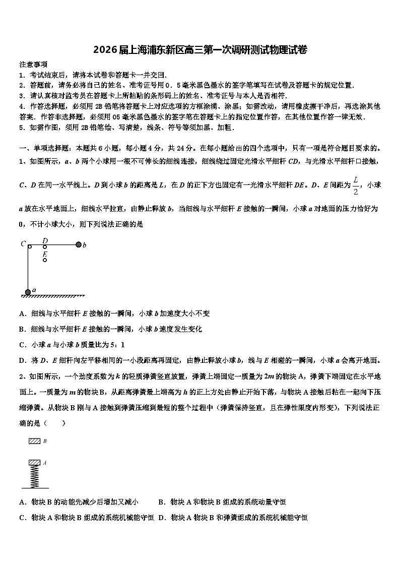 2026届上海浦东新区高三第一次调研测试物理试卷含解析第1页