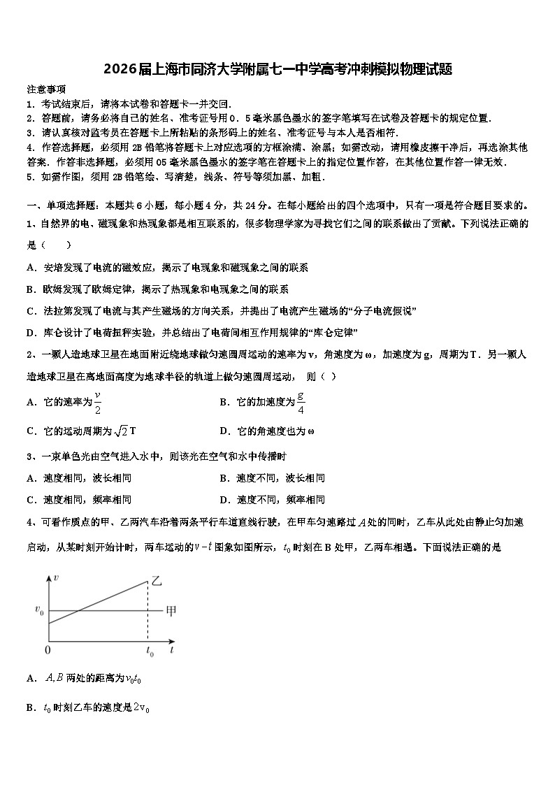 2026届上海市同济大学附属七一中学高考冲刺模拟物理试题含解析第1页