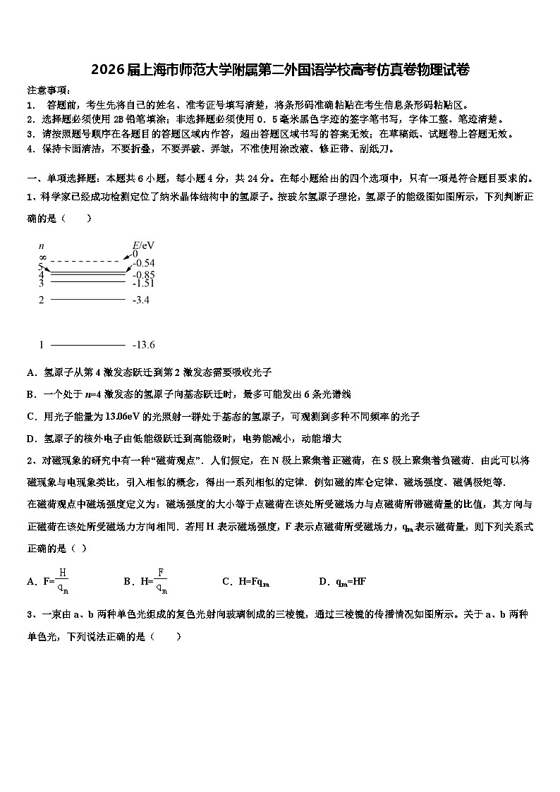 2026届上海市师范大学附属第二外国语学校高考仿真卷物理试卷含解析第1页