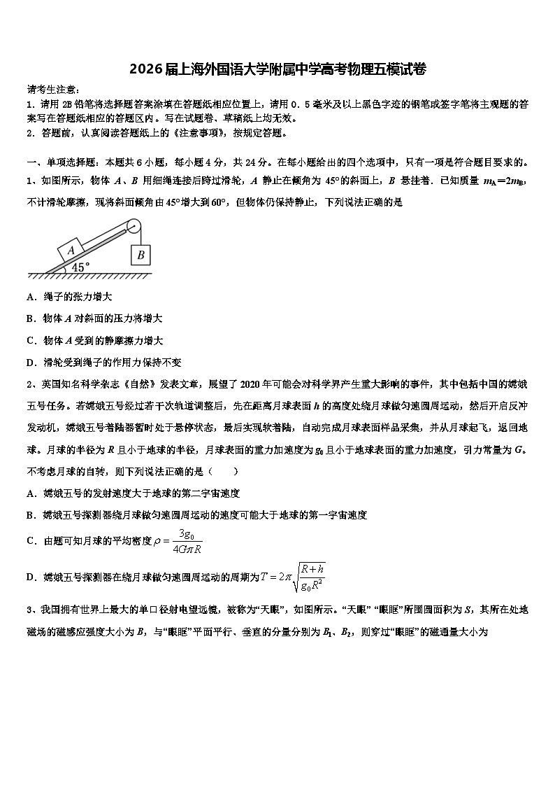 2026届上海外国语大学附属中学高考物理五模试卷含解析第1页