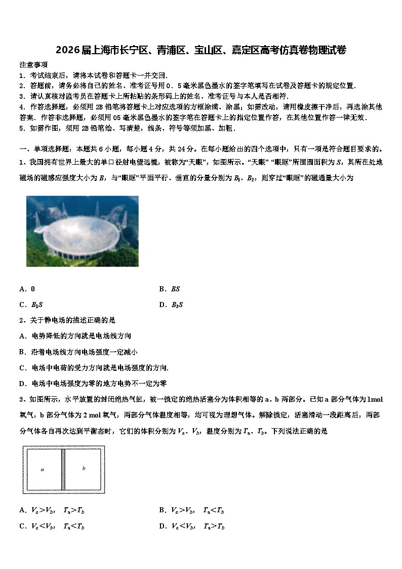 2026届上海市长宁区、青浦区、宝山区、嘉定区高考仿真卷物理试卷含解析第1页