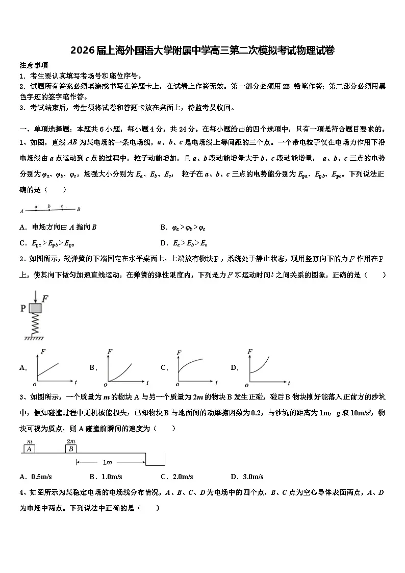 2026届上海外国语大学附属中学高三第二次模拟考试物理试卷含解析第1页