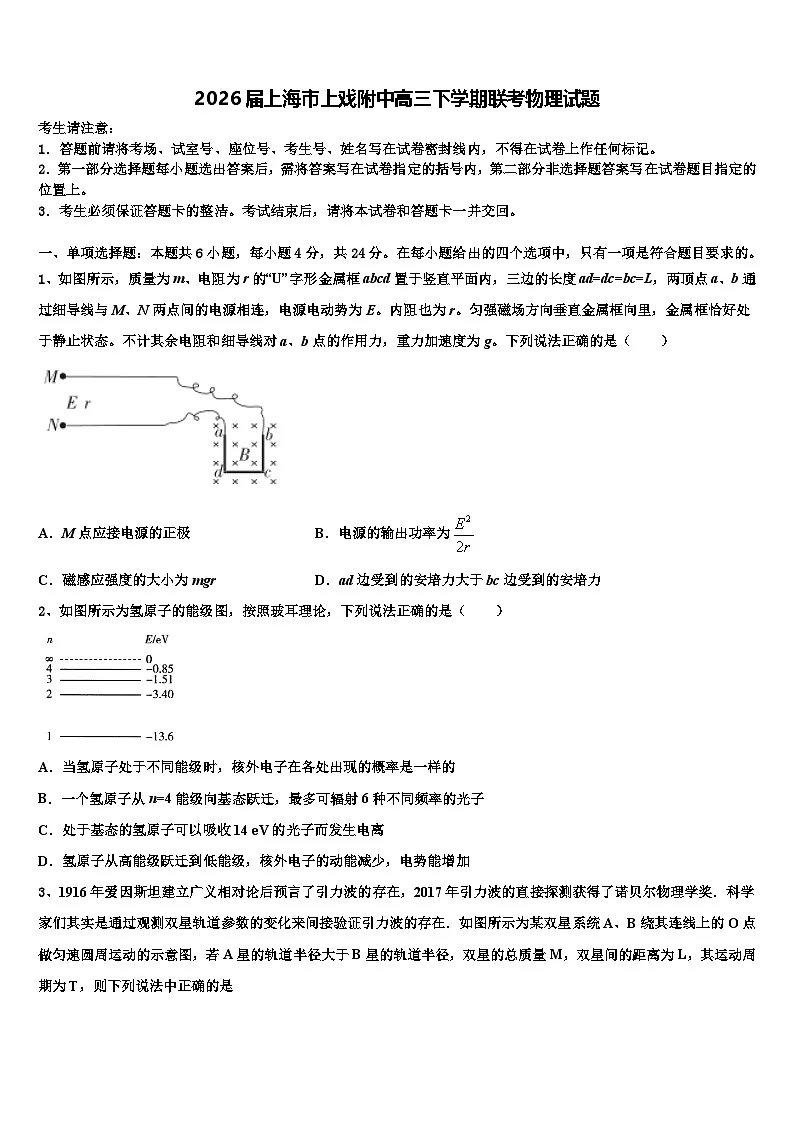 2026届上海市上戏附中高三下学期联考物理试题含解析第1页
