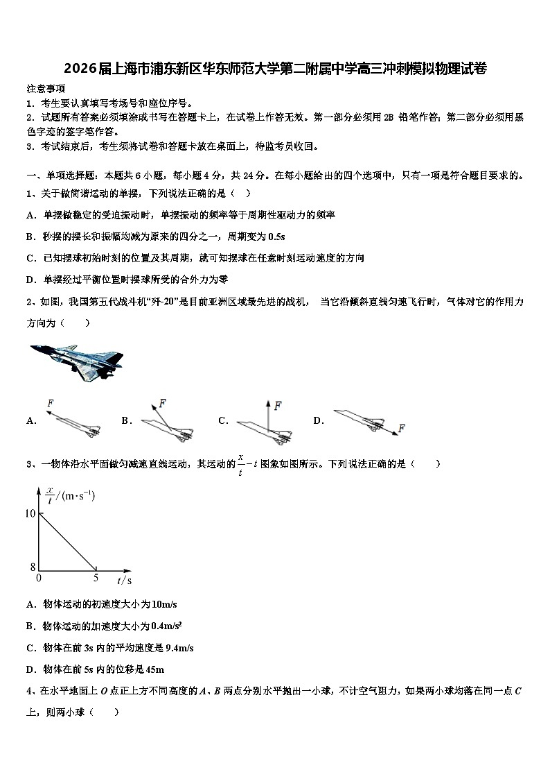 2026届上海市浦东新区华东师范大学第二附属中学高三冲刺模拟物理试卷含解析第1页