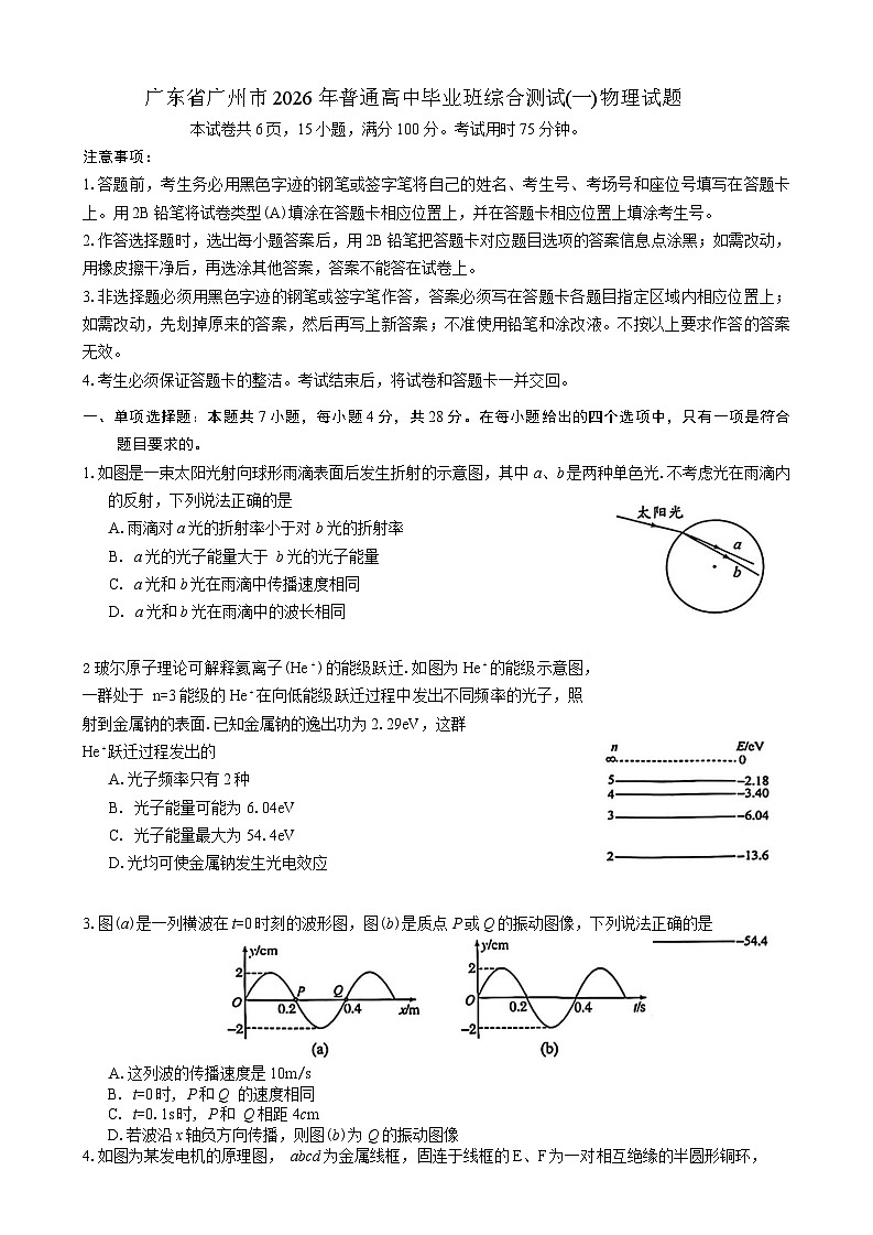 2026 年广州市普通高中毕业班综合测试（一）物理试题（含答案）第1页