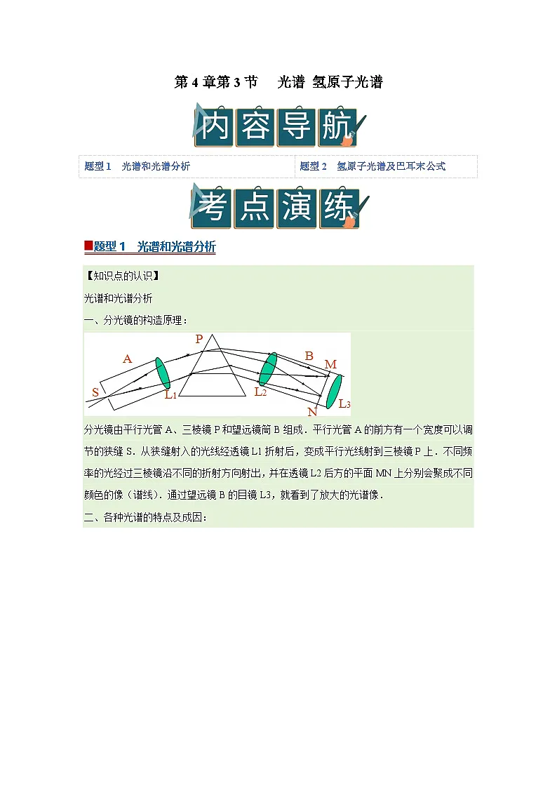 第4章第3节 光谱 氢原子光谱 高中物理选择性必修三同步复习讲义（教科版2019）(解析版）第1页