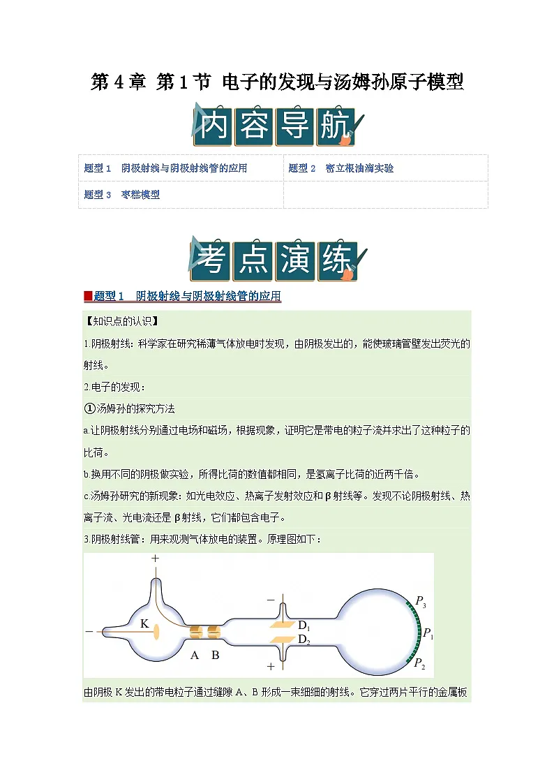第4章 第1节 电子的发现与汤姆孙原子模型 高中物理选择性必修三同步复习讲义（鲁科版2019）（原卷版）第1页