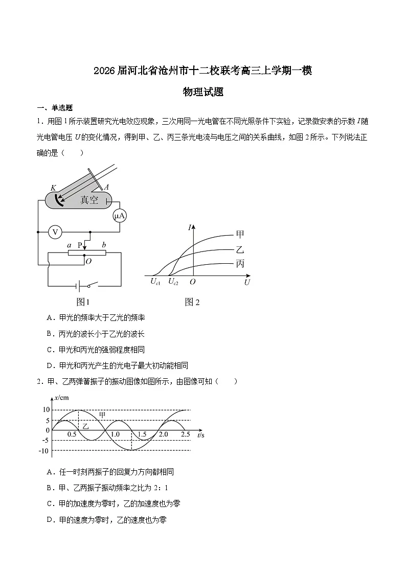 2026沧州十二校联考高三上学期一模试题物理含答案第1页