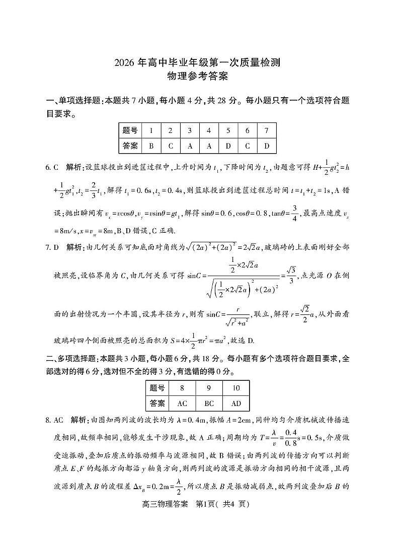 河南五市2026届高三下学期第一次联考物理答案第1页