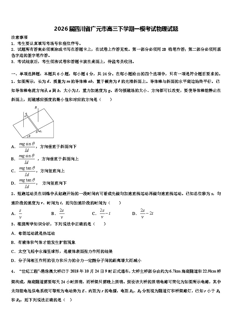 2026届四川省广元市高三下学期一模考试物理试题含解析第1页