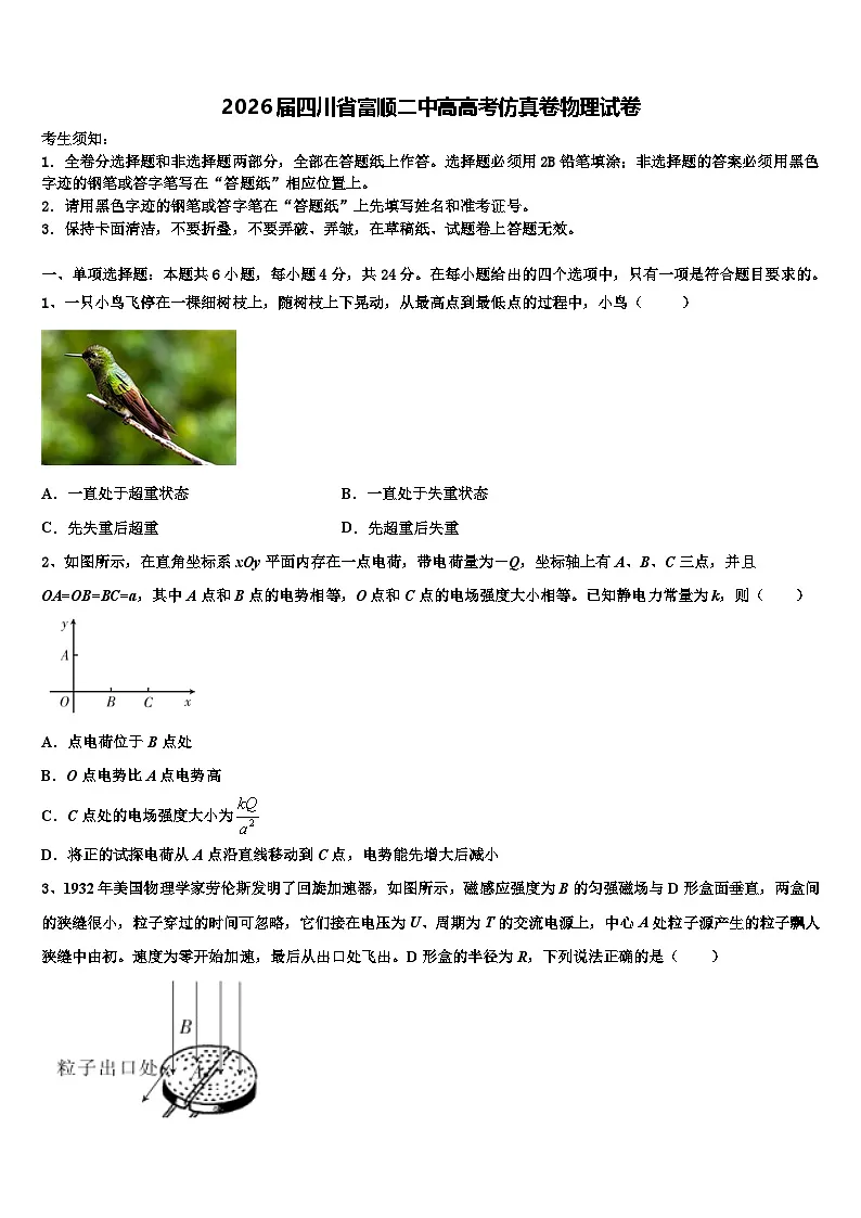 2026届四川省富顺二中高高考仿真卷物理试卷含解析第1页