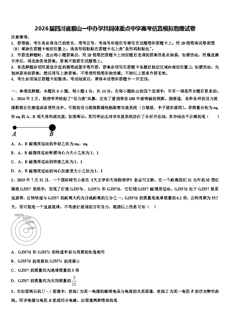 2026届四川省眉山一中办学共同体重点中学高考仿真模拟物理试卷含解析第1页