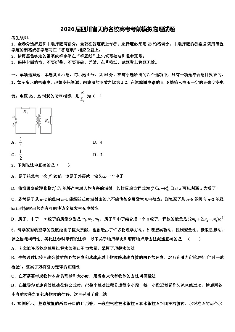 2026届四川省天府名校高考考前模拟物理试题含解析第1页