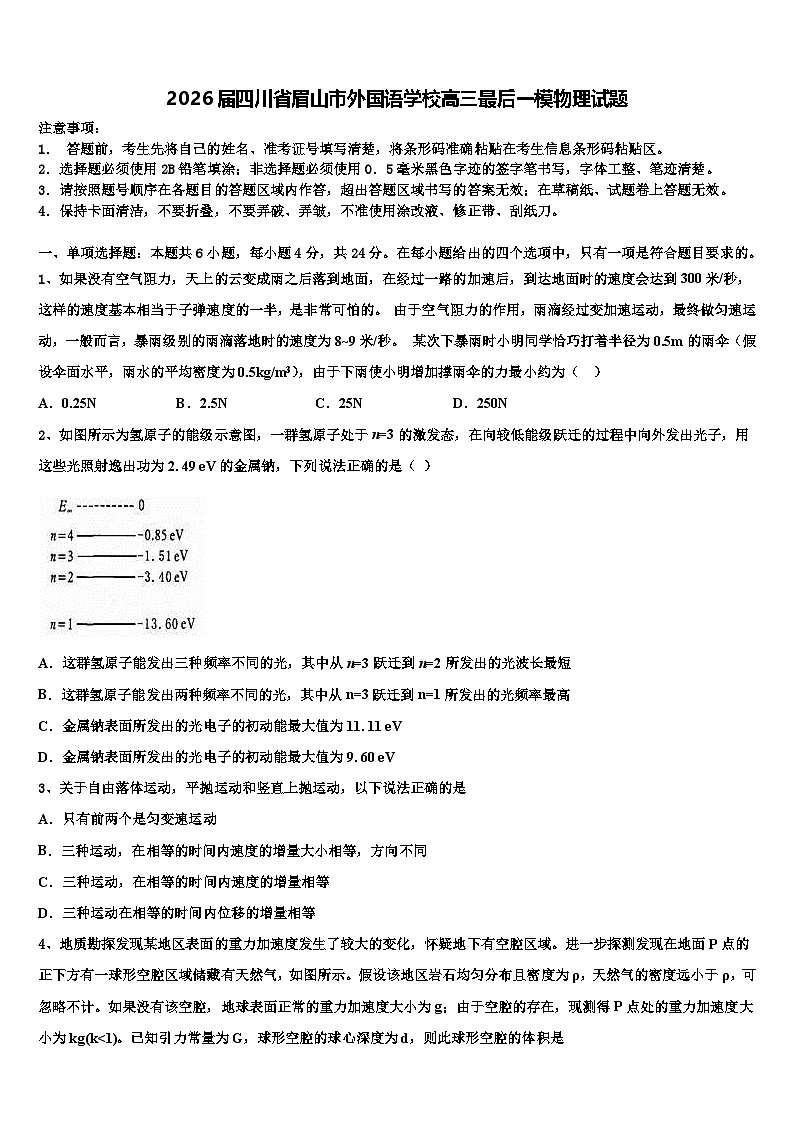 2026届四川省眉山市外国语学校高三最后一模物理试题含解析第1页