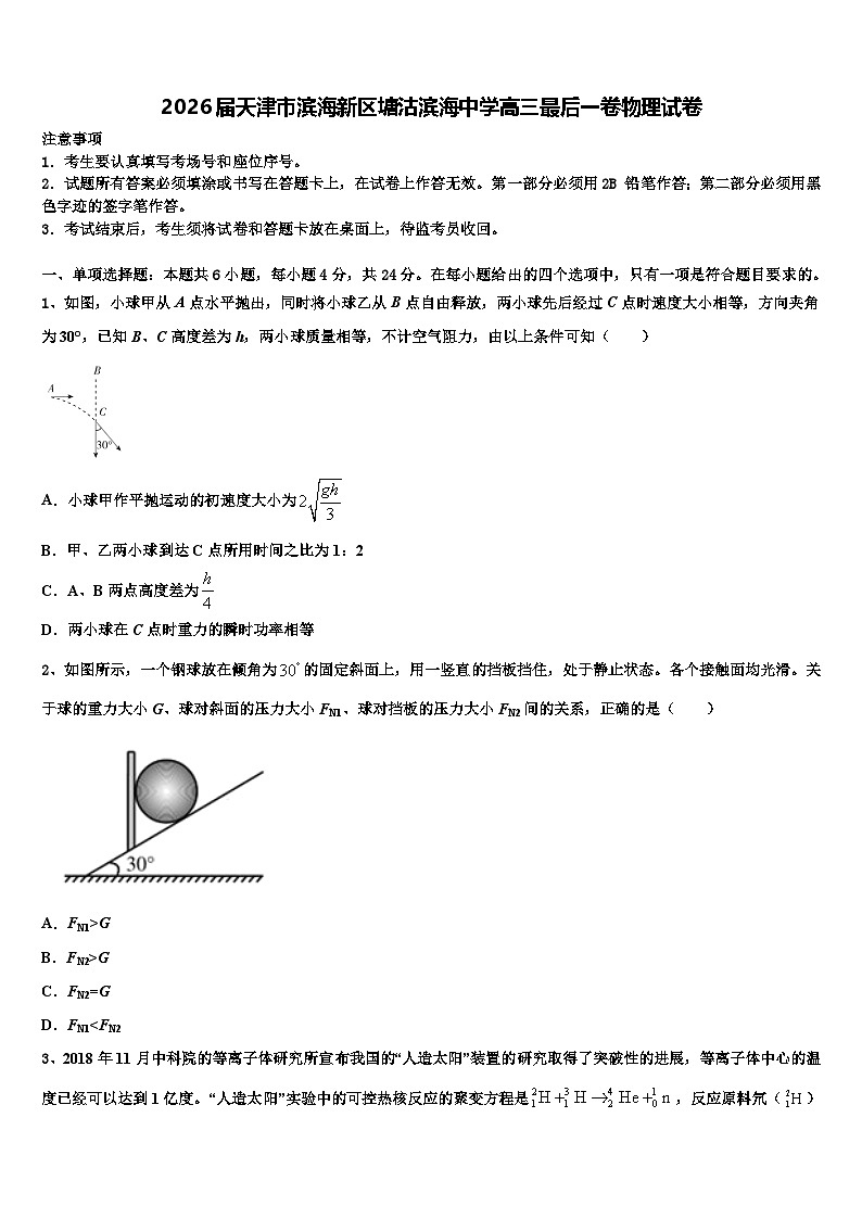 2026届天津市滨海新区塘沽滨海中学高三最后一卷物理试卷含解析第1页