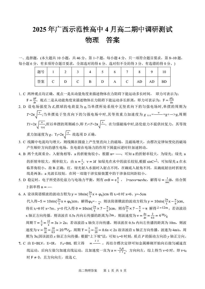 广西示范性高中2024-2025学年高二下学期4月期中调研测试物理答案（PDF版）第1页