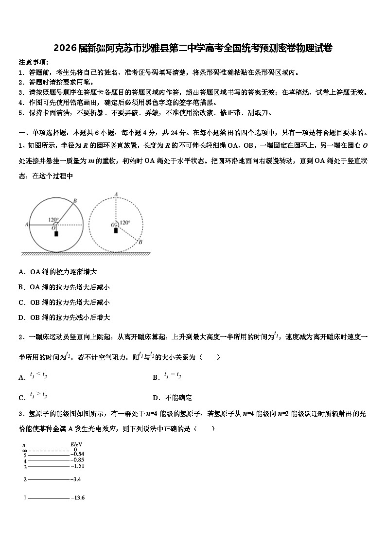 2026届新疆阿克苏市沙雅县第二中学高考全国统考预测密卷物理试卷含解析第1页
