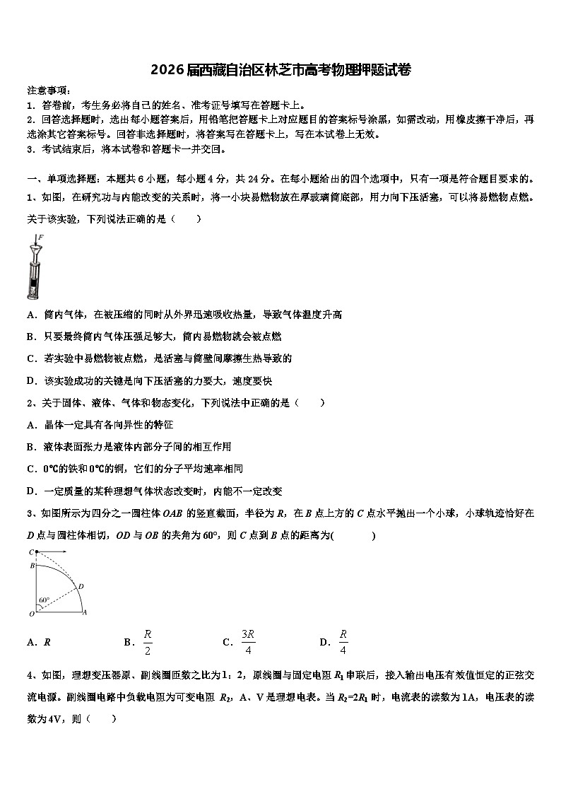 2026届西藏自治区林芝市高考物理押题试卷含解析第1页