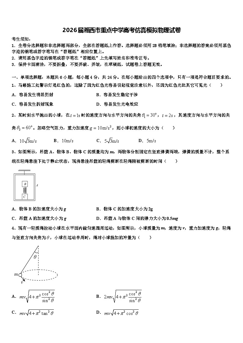 2026届湘西市重点中学高考仿真模拟物理试卷含解析第1页
