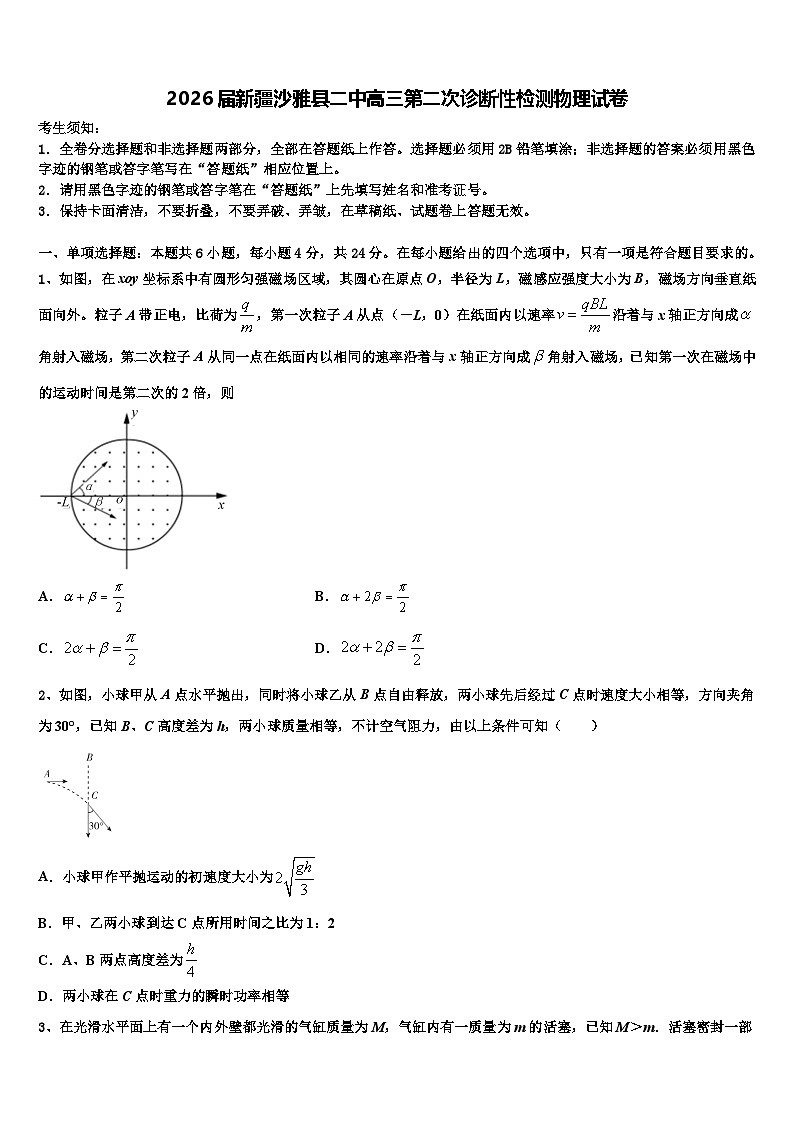 2026届新疆沙雅县二中高三第二次诊断性检测物理试卷含解析第1页