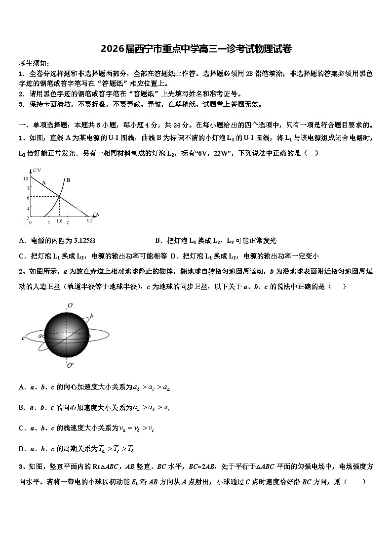 2026届西宁市重点中学高三一诊考试物理试卷含解析第1页