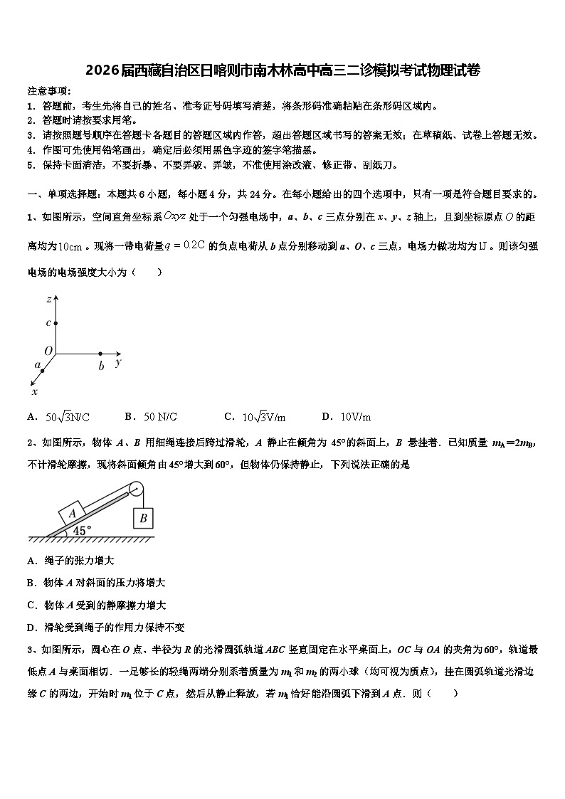 2026届西藏自治区日喀则市南木林高中高三二诊模拟考试物理试卷含解析第1页
