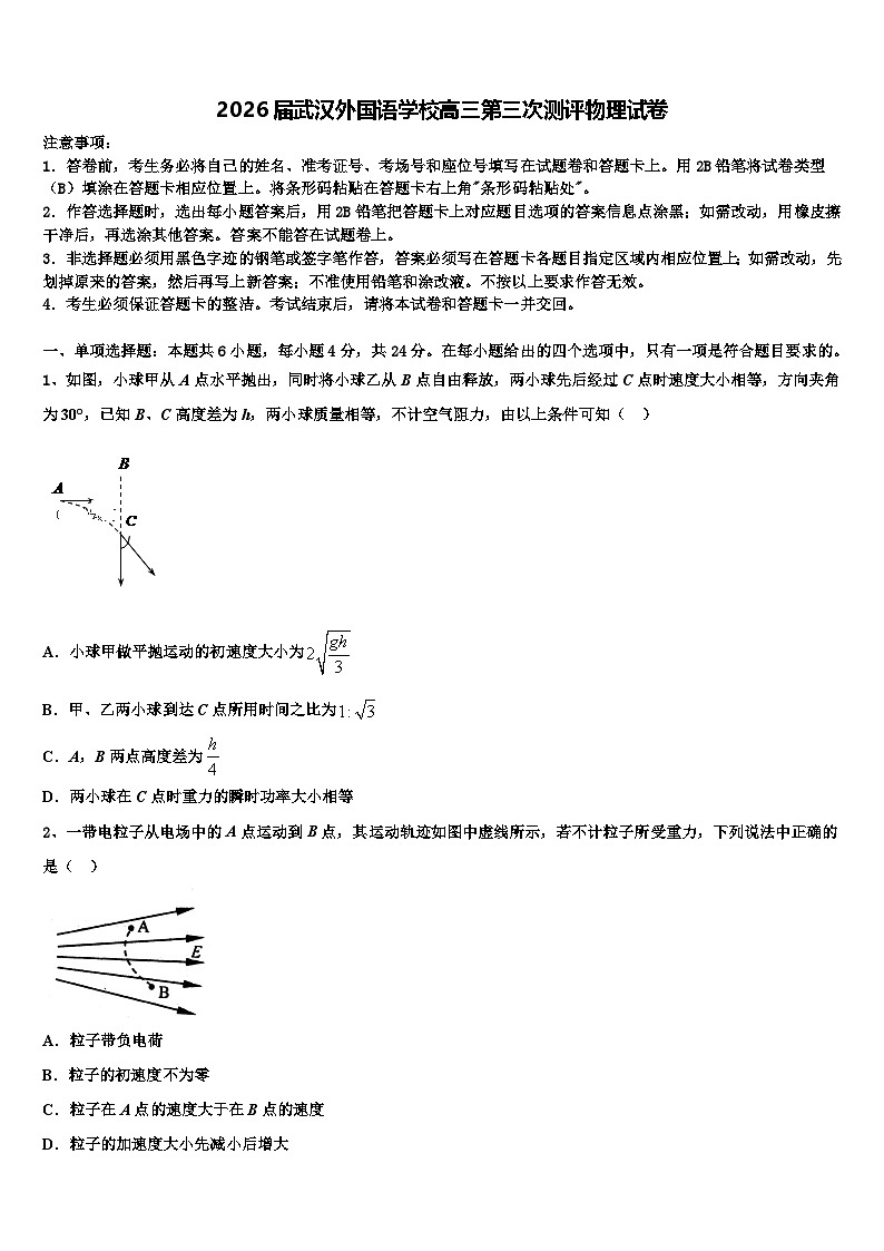2026届武汉外国语学校高三第三次测评物理试卷含解析第1页